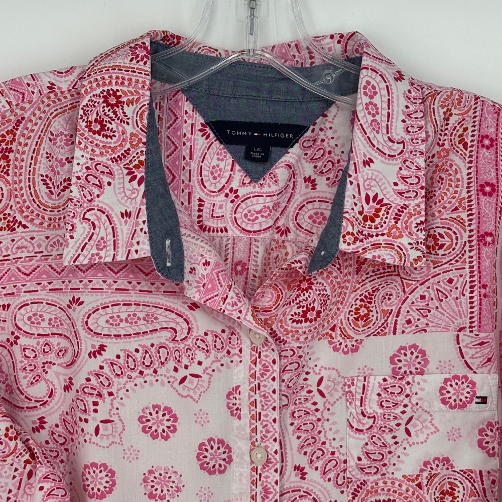 Tommy Hilfiger Womens Large Button Front Shirt Pink Paisley Bandana Long Sleeves - Picture 2 of 8